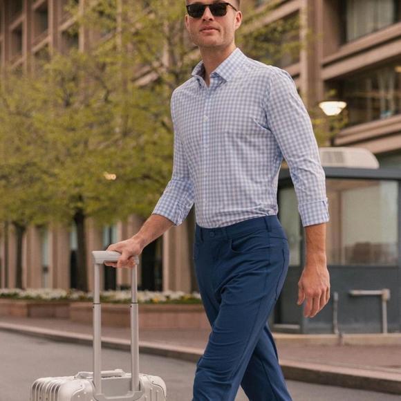 Mizzen Main Performance Shirt Mens Xxl Trim Fit Button Up Blue Gingham Stretch - Picture 3 of 7